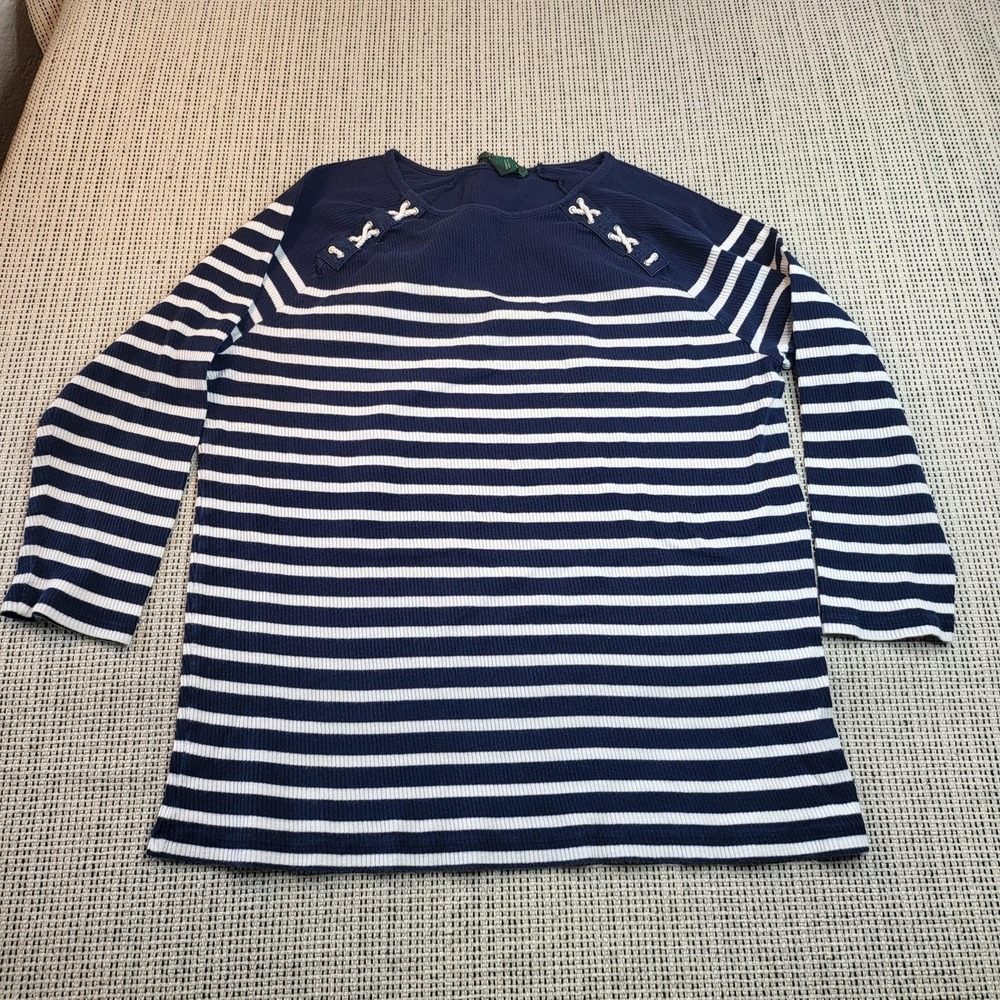 Lauren Ralph Lauren Sweater Womens 1X Blue White Stripe Boat‎ Neck Pullover